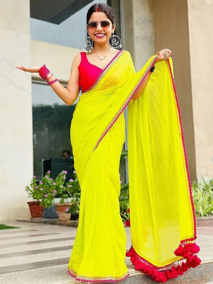 HouseOfCommon Solid/Plain Bollywood Georgette Saree(Light Green)