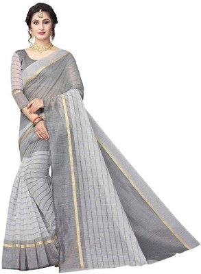 Suntex Striped Banarasi Cotton Silk Saree(Grey)