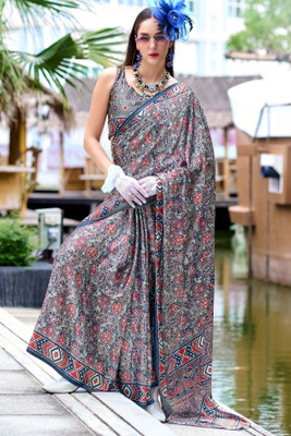 kaizen International Self Design Assam Silk Silk Blend Saree(Grey)