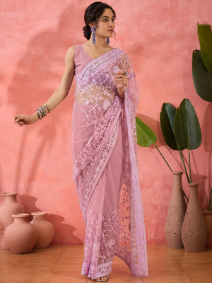 Sangria Embroidered Saree with Attached Blouse Net Saree(Purple)