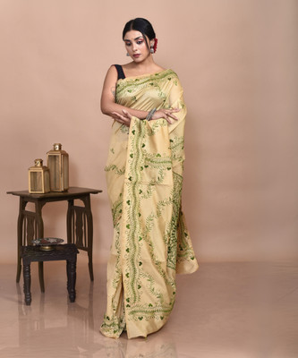 stotra Embroidered Daily Wear Silk Blend Saree(Beige)