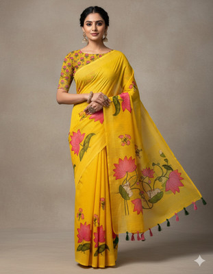 Vragi Floral Print Bollywood Linen Saree(Yellow)