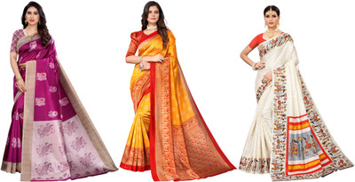 ANIRAV Printed Kalamkari Art Silk Saree(Pack of 3, Purple, Yellow, Cream)