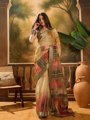Sangria Printed Saree with Attached Blouse Cotton Blend Saree(Brown)