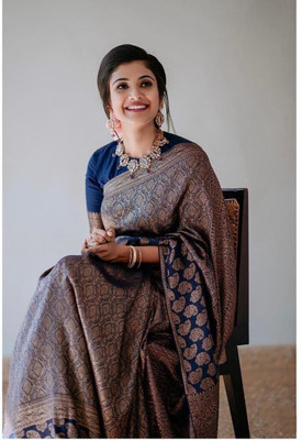 Rudr Venture Digital Print Banarasi Jacquard Saree(Dark Blue)