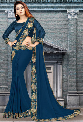 Anugrah Textile Solid/Plain Banarasi Lycra Blend, Chiffon Saree(Dark Blue)