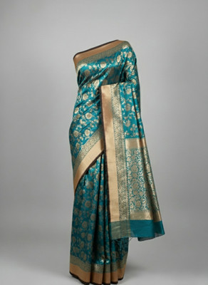 Flourish Trading Co Woven, Floral Print Banarasi Polyester, Silk Blend Saree(Blue)