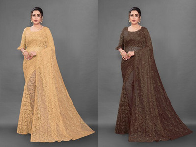 Paanthcreation Self Design Bollywood Net Saree(Pack of 2, Gold, Brown)