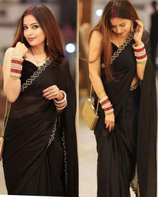 Handsel Solid/Plain Bollywood Georgette Saree(Black)