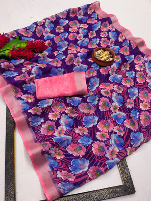 kashvi sarees Floral Print Saree with Attached Blouse Cotton Linen Saree(Purple, Pink)