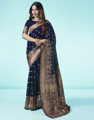 Samah Woven, Embellished, Self Design Banarasi Silk Blend, Jacquard Saree(Blue, Gold)