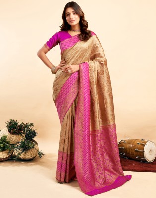 Divastri Woven, Embellished Kanjivaram Silk Blend, Jacquard Saree(Brown, Magenta)