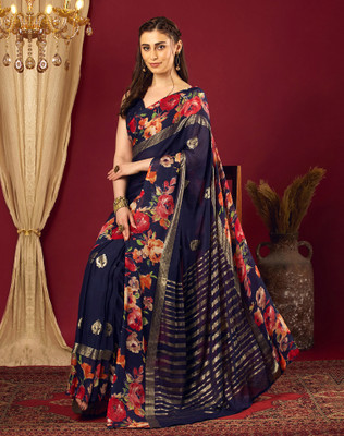 Tasrika Floral Print, Animal Print Bollywood Georgette Saree(Blue)