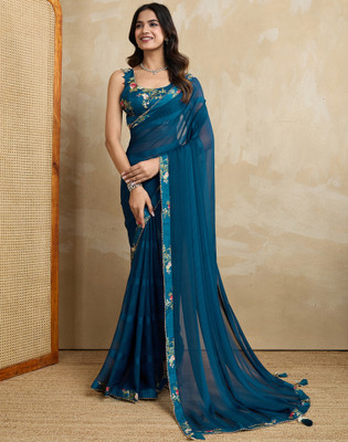 Satrani Printed, Embellished Bollywood Georgette Saree(Blue)