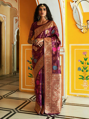 Janasya Woven, Self Design, Printed Banarasi Silk Blend Saree(Purple)