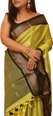 NST5 Printed, Woven Paithani Cotton Silk Saree(Yellow, Black)
