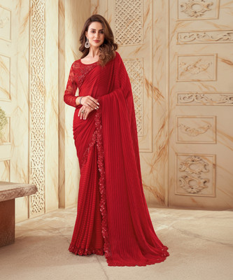 Satrani Woven, Embellished, Self Design Bollywood Georgette Saree(Red)