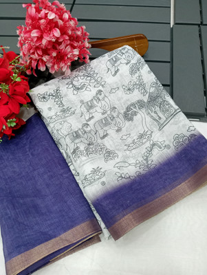 AARAANA Woven, Printed Kanjivaram Linen Saree(Blue)
