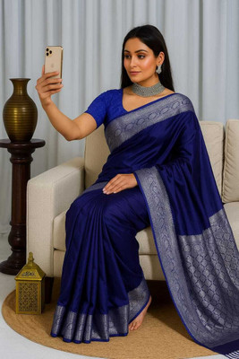 Afronza Woven, Self Design, Solid/Plain, Dyed Banarasi Satin, Silk Blend Saree(Dark Blue)
