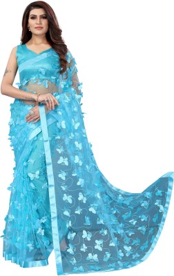 KV Fashion Applique Bollywood Net Saree(Light Blue)