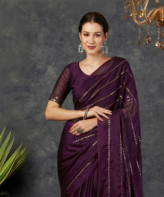 SIRIL Dyed, Embellished Bollywood Georgette Saree(Purple, Gold)
