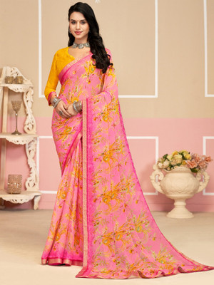 Tasrika Floral Print, Geometric Print, Digital Print, Printed Bollywood Chiffon Saree(Pink)