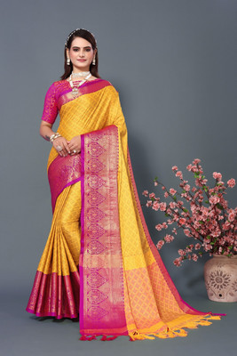 MM VENTURE Self Design Kanjivaram Pure Silk Saree(Yellow)