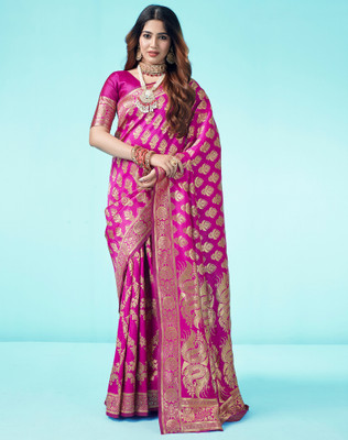 Divastri Woven, Embellished Banarasi Silk Blend, Jacquard Saree(Gold, Pink)