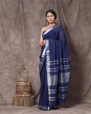 Mollika Dyed, Woven, Self Design, Solid/Plain Bhagalpuri Cotton Silk, Cotton Linen Saree(Dark Blue)