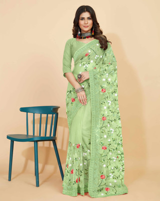 Kasak Embroidered Daily Wear Net Saree(Light Green)