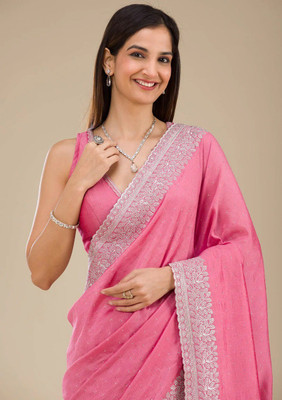 vastrall Embroidered Saree with Attached Blouse Art Silk Saree(Pink)