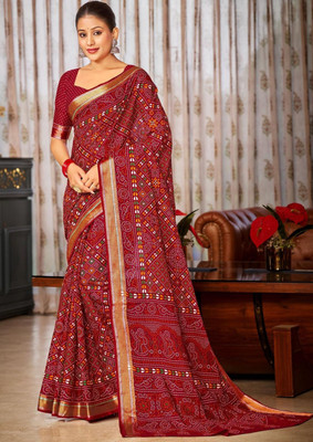 HouseOfCommon Printed Patola Cotton Blend Saree(Maroon)