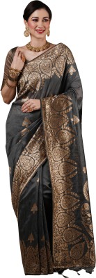 Akhilam Embroidered Banarasi Cotton Silk Saree(Grey)