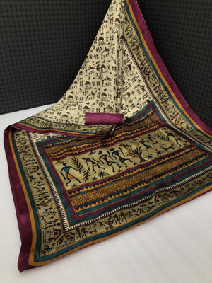 Kjs Printed Kalamkari Cotton Blend Saree(Multicolor)