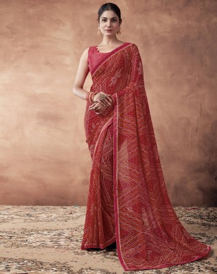 Siril Printed, Geometric Print, Embellished Bandhani Georgette, Chiffon Saree(Red)