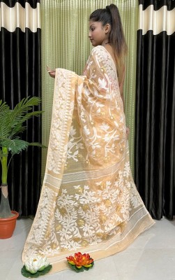 FASHION MOODS Printed Handloom Cotton Silk Saree(Cream)