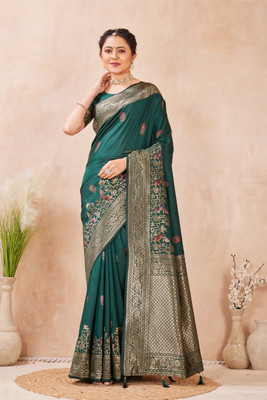 Heirlooms Woven, Self Design Banarasi Pure Silk Saree(Dark Green)