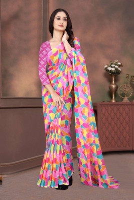 FS CREATION Printed Bandhani Chiffon Saree(Pink)