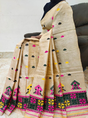 white desert Self Design Mekhela Chador Cotton Silk Saree(Beige)