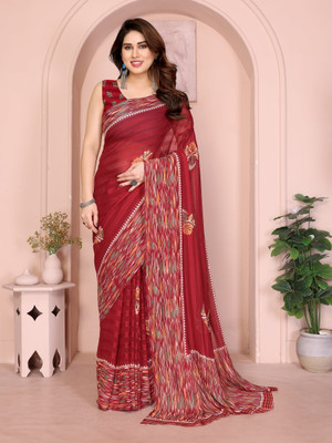 FABMORA Printed, Floral Print Daily Wear Chiffon, Georgette Saree(Maroon)