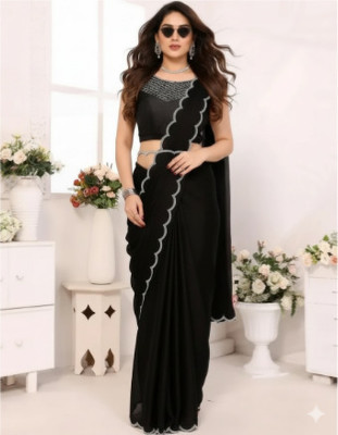 Kalamkaris Embellished, Solid/Plain Bollywood Georgette Saree(Black)