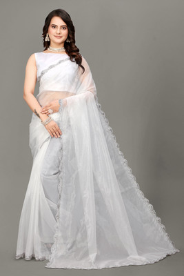 RE Renny Enterprise Embellished Bollywood Net Saree(White)