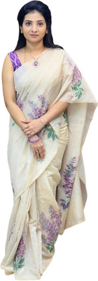 VCREATION Digital Print Bollywood Cotton Linen Saree(White)