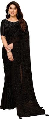 RUKHA FAB Printed, Self Design, Hand Painted, Ombre, Embellished, Floral Print, Solid/Plain Daily Wear Georgette, Chiffon Saree(Black)