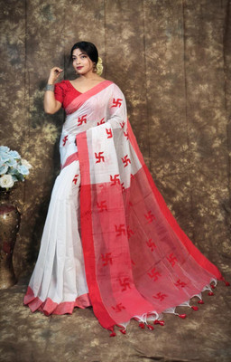 RJSC Embroidered Handloom Cotton Silk Saree(White)