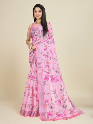 SHANVIKA Floral Print Daily Wear Cotton Linen Saree(Pink)