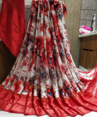 Bombey Velvat Fab Printed Kasavu Mulmul, Chiffon Saree(Red)