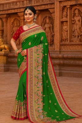 dupattabulk Animal Print Patola Pure Silk Saree(Green)