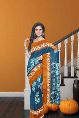 Classy Foriever Printed Ikkat Cotton Blend Saree(Light Blue)