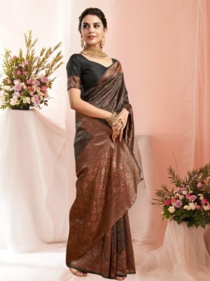 Divastri Floral Print, Woven, Geometric Print Banarasi Jacquard Saree(Black)